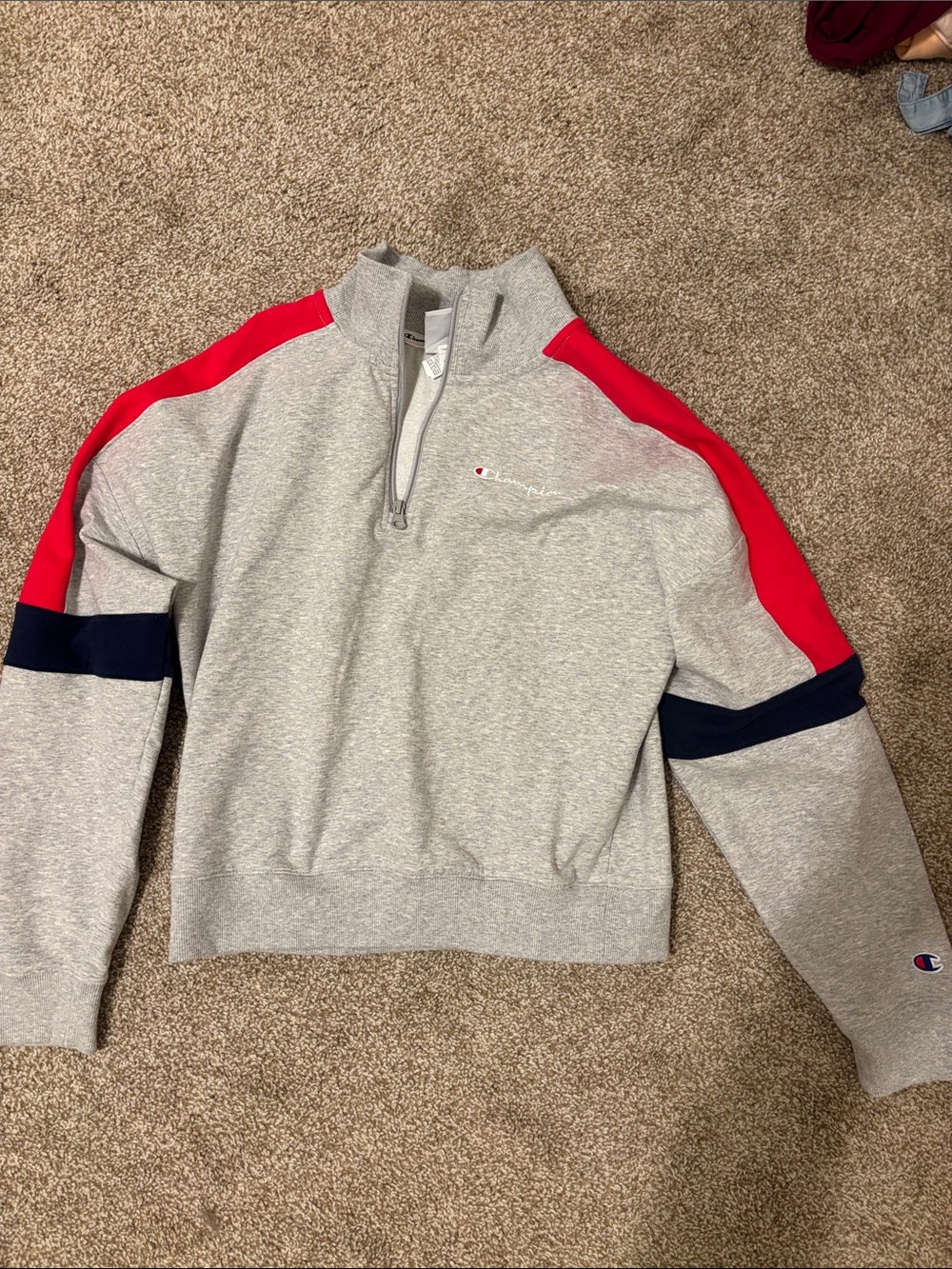 Champion Gray Quarter-Zip Sweatshirt with Red & Navy Panels